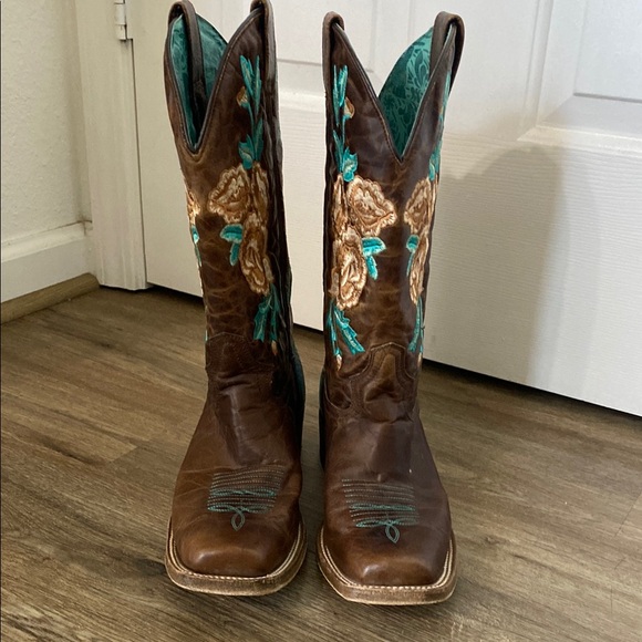 Corral Brown and Turquoise Floral Heeled Boots - Picture 2 of 9